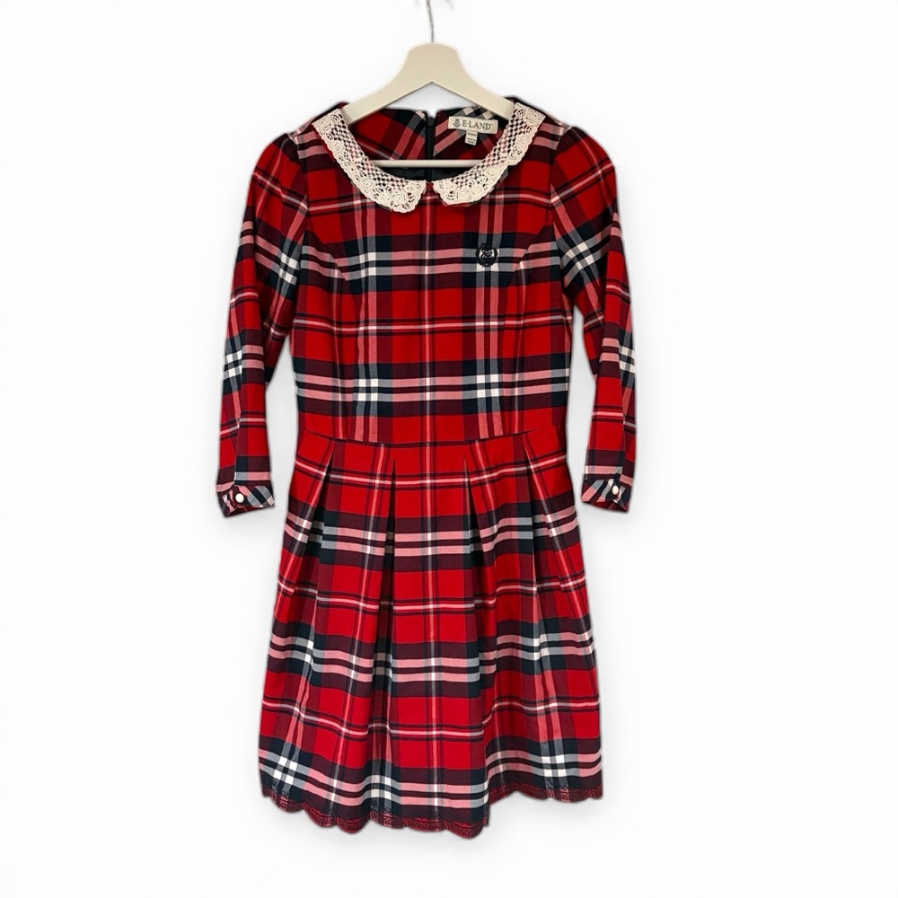 ELAND Red Tartan Plaid Dress Peter‎ Pan lace Collar Dark Academia XS